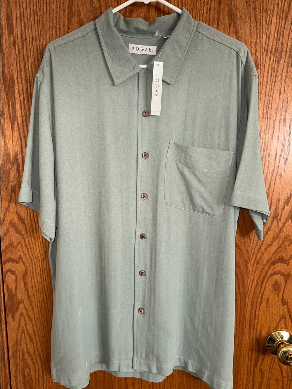 Bogari Green Button Front Shirt Short Sleeve 1 Pocket Washable Silk Men's Sz Lg
